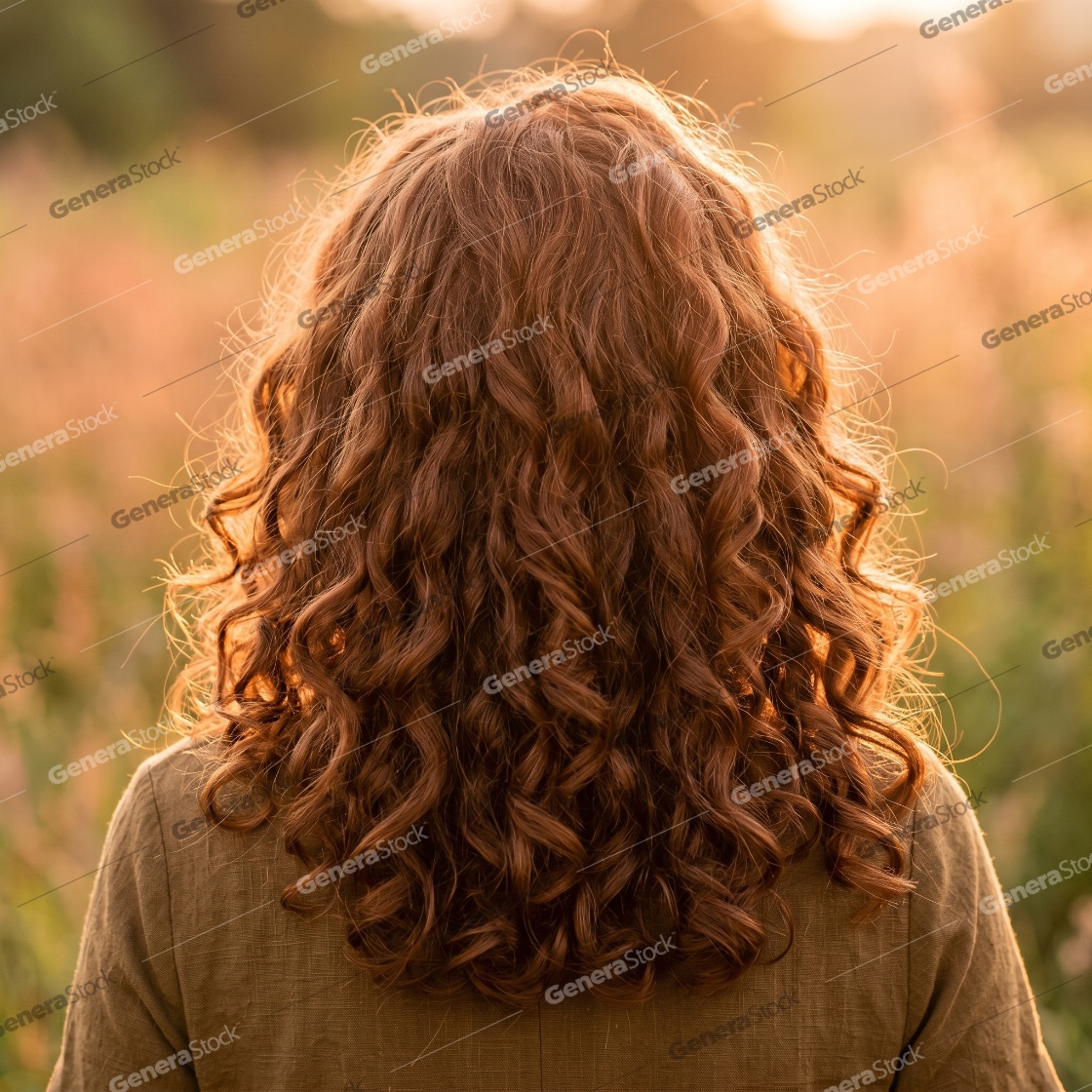 Back view of a woman with long, voluminous curly reddish-brown hair standing in a field during a golden hour sunset
