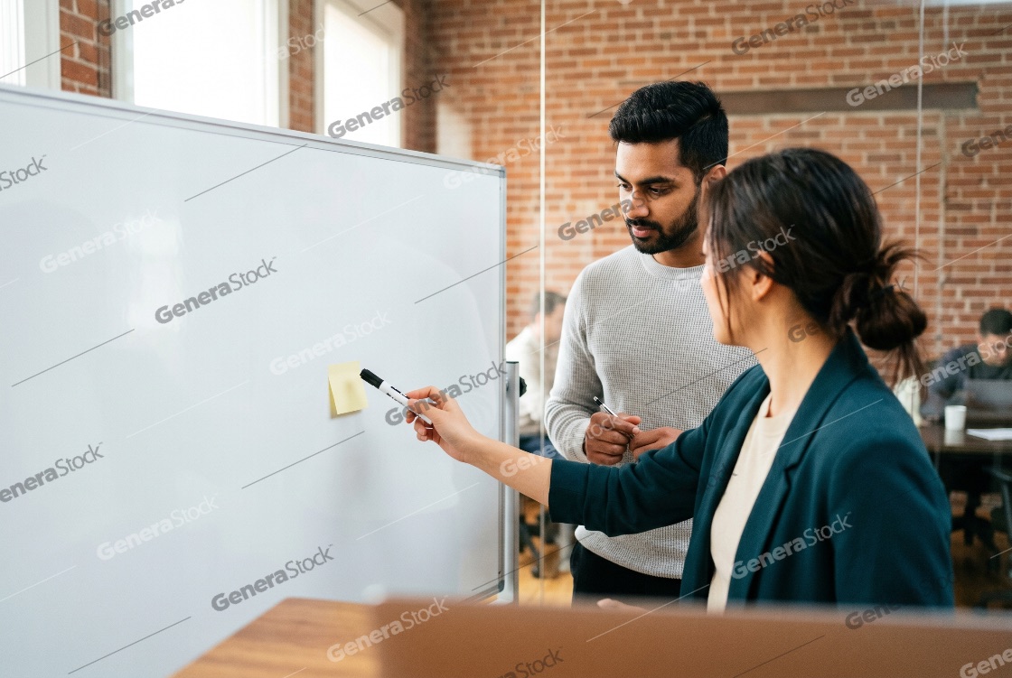 Two diverse colleagues collaborating on a project using a whiteboard and sticky notes in a modern office