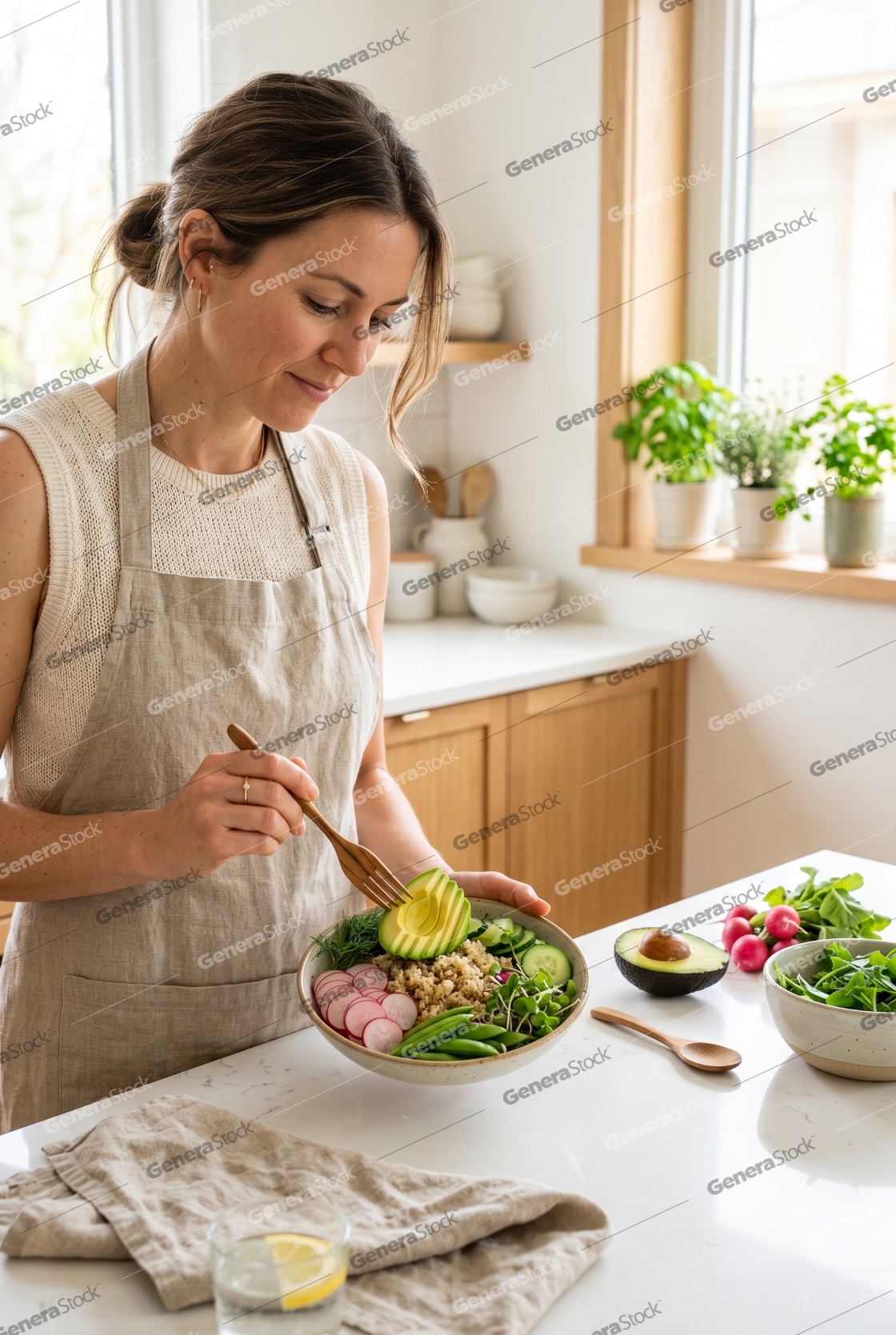 Woman in linen apron preparing a healthy Buddha bowl with avocado and fresh vegetables in a bright kitchen