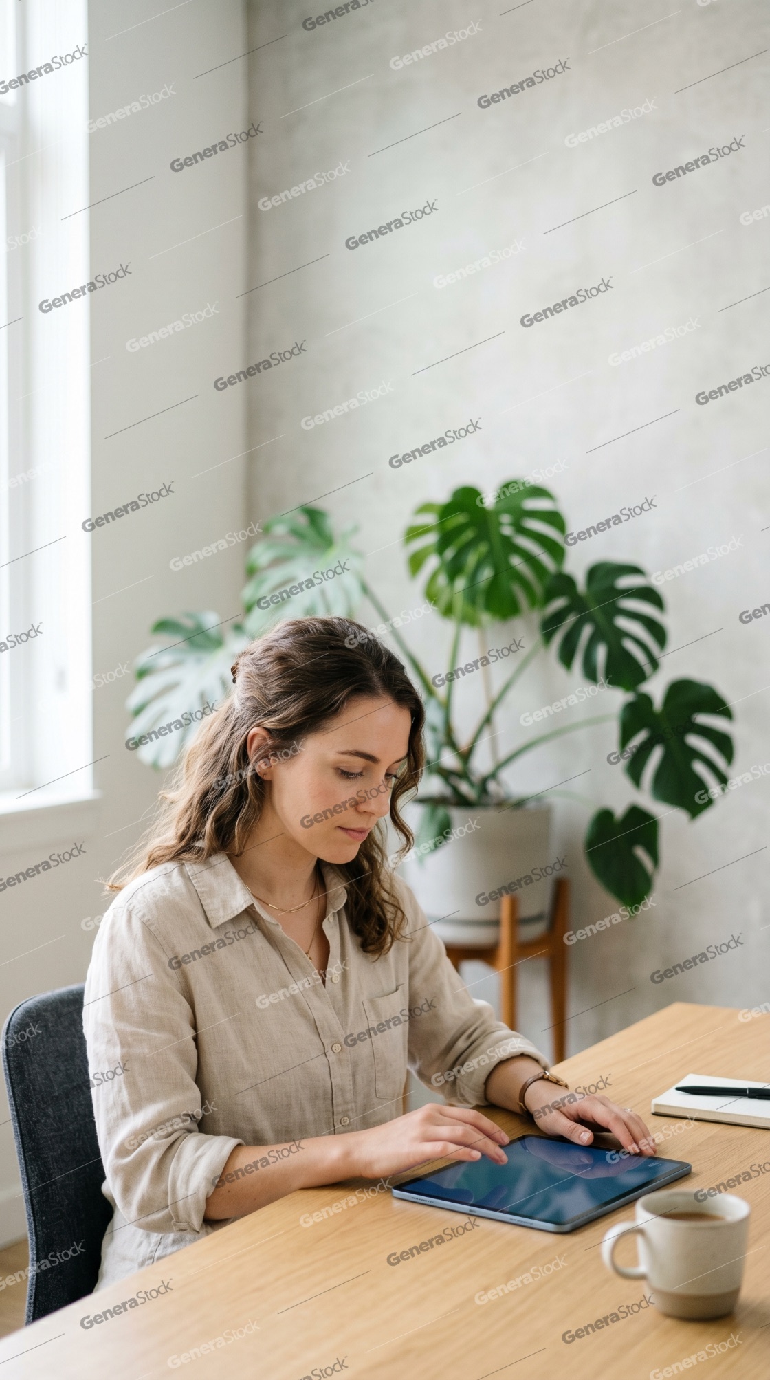 Young Professional Woman Working on a Digital Tablet in a Bright Modern Home Office