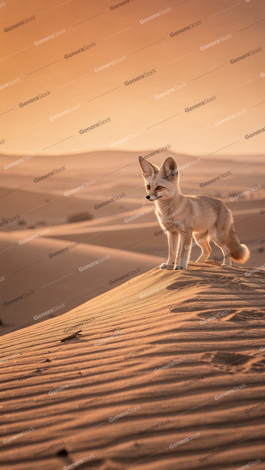 Fennec fox standing on a desert sand dune at sunset with golden