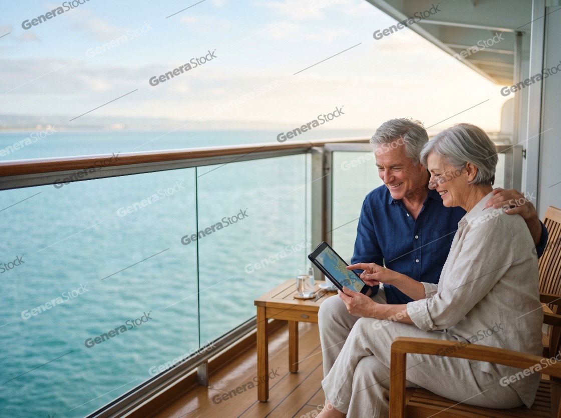 Happy Senior Couple Using a Tablet on a Cruise Ship Balcony Overlooking the Ocean