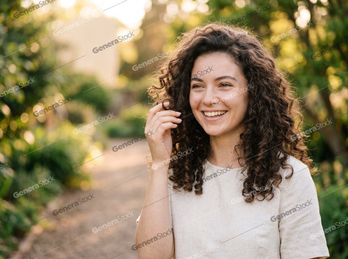 Happy young woman with long curly hair smiling in a sunlit garden during golden hour