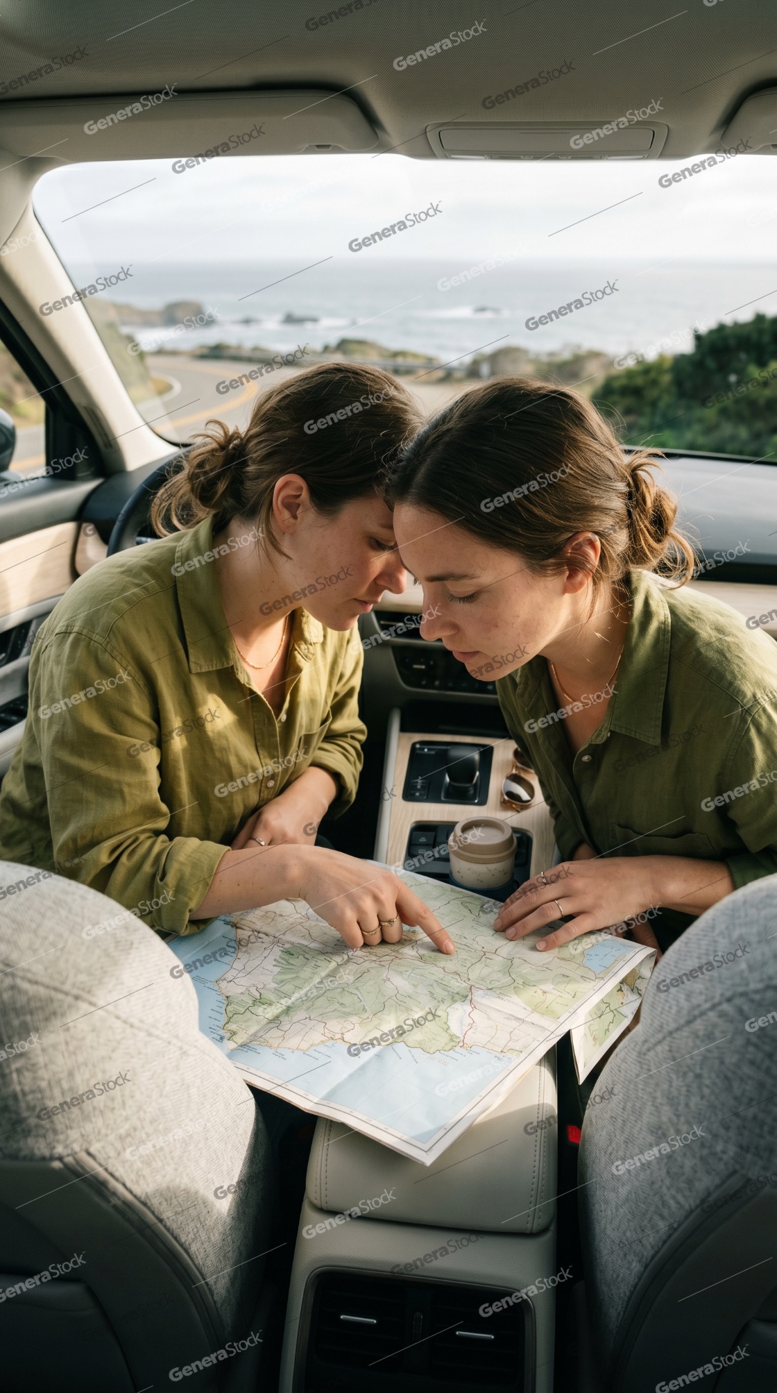 Two young women sitting in a car and planning their travel route using a paper map while parked near a scenic coastal road