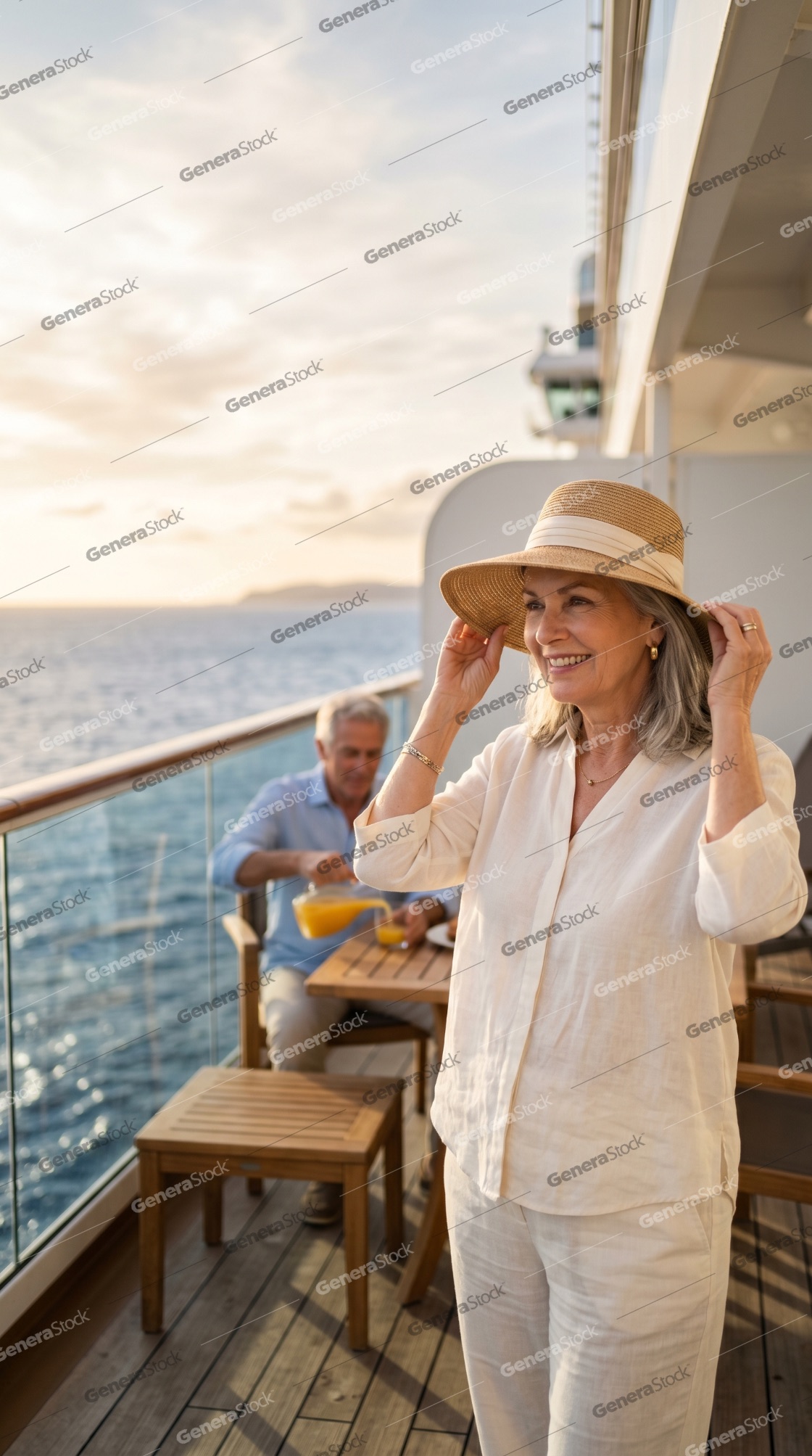 Happy senior woman enjoying sunset on a luxury cruise ship balcony with her husband