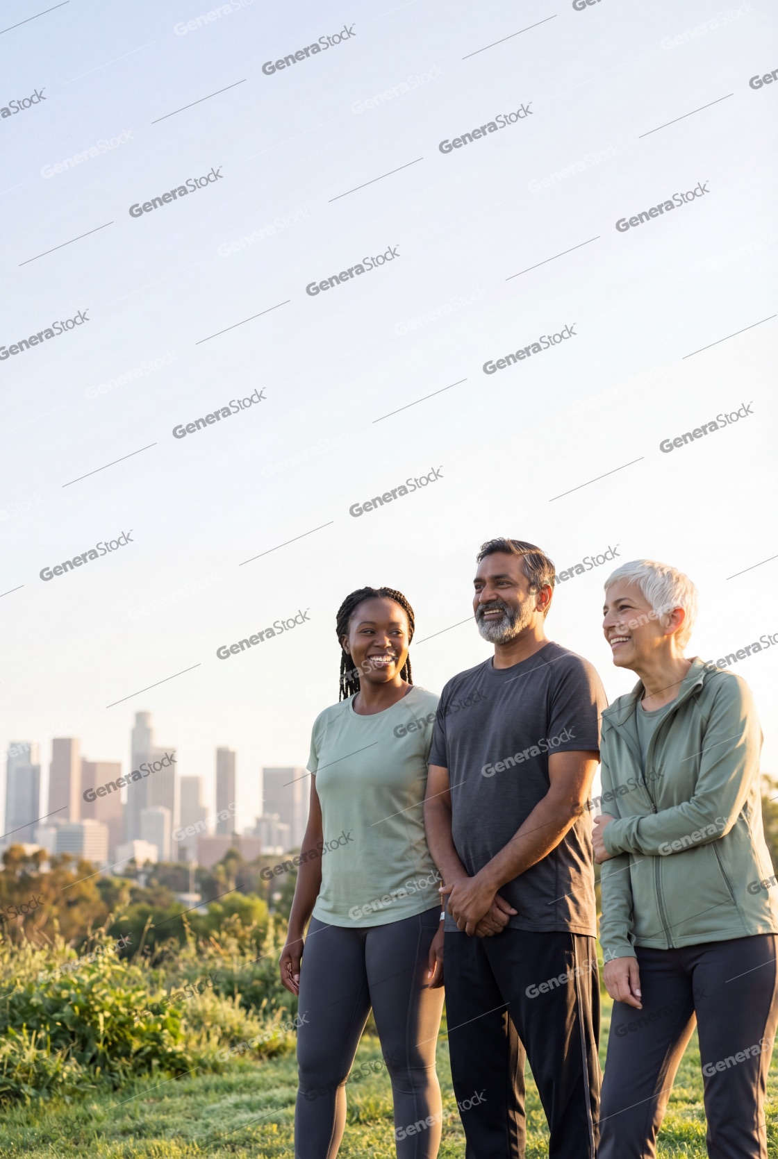Diverse group of friends including a Black woman, an Indian man, and a senior White woman standing together on a grassy hill overlooking the Los Angeles city skyline during a golden hour sunset