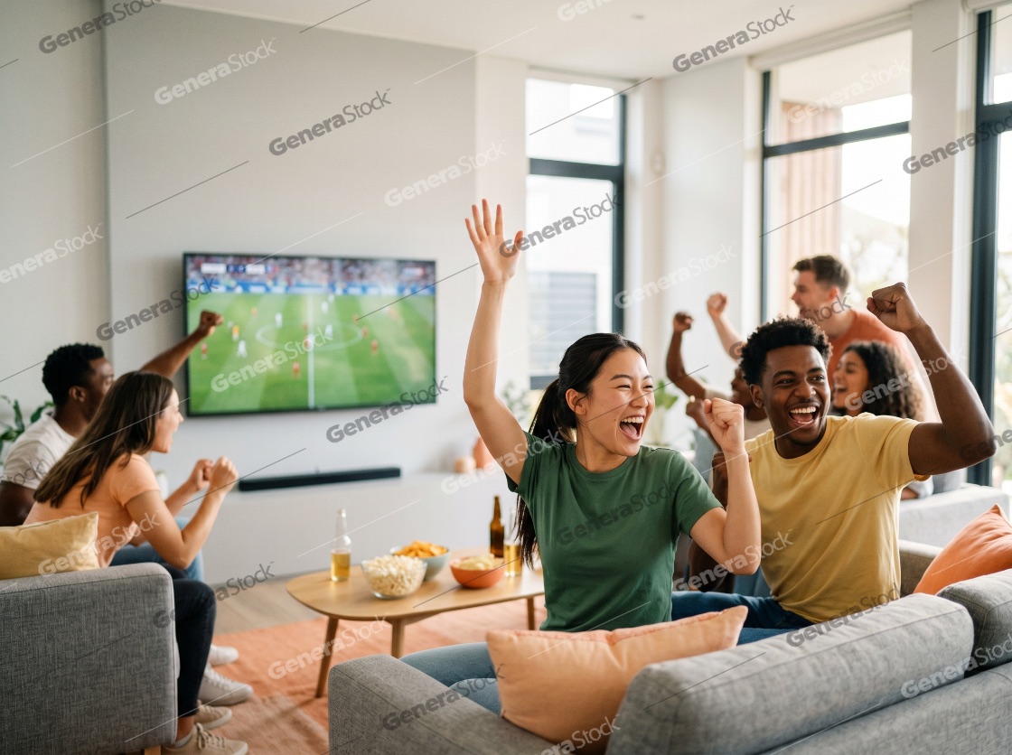 Excited Multi-ethnic Friends Cheering and Celebrating While Watching a Soccer Match on TV in a Modern Living Room