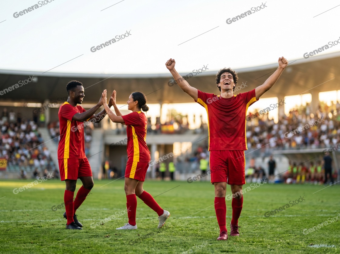 Triumphant Soccer Player Cheering with Arms Raised While Teammates High-Five in Stadium