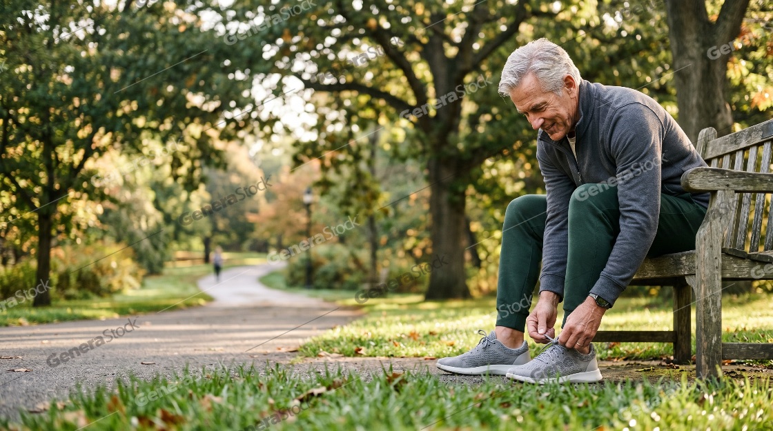 Active senior man sitting on a wooden bench and tying his shoelaces before a morning run in a sunny park