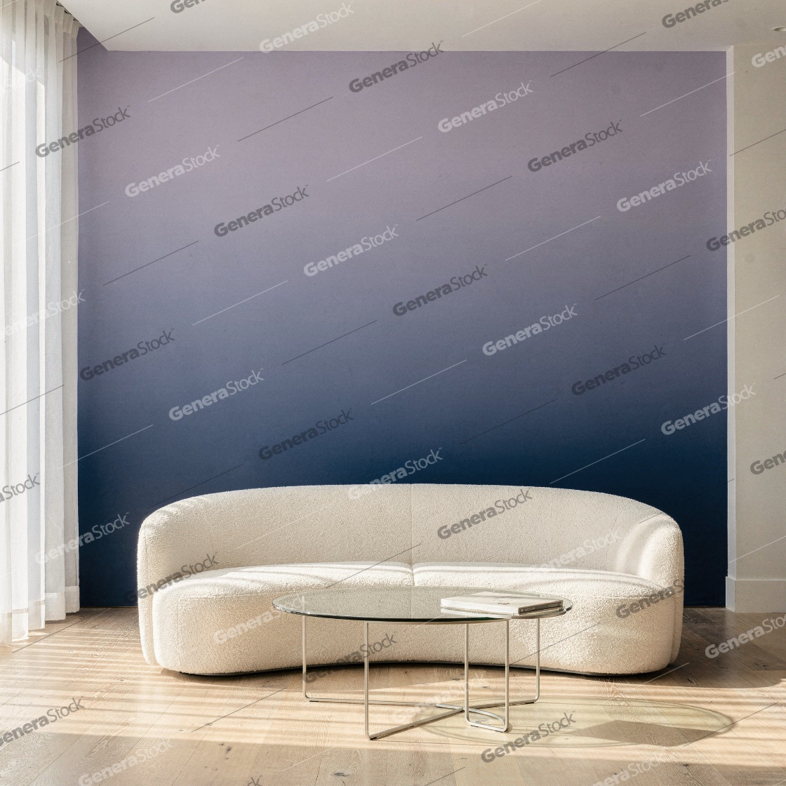 Modern living room interior featuring a curved white bouclé sofa