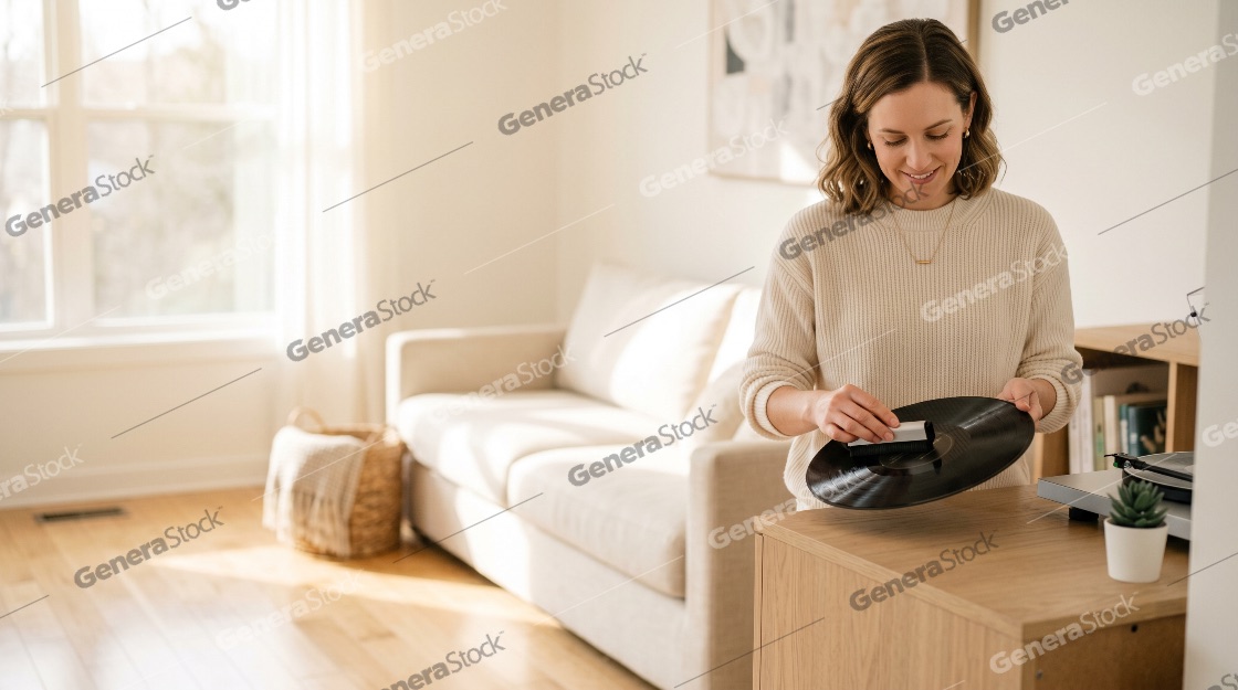 Smiling woman carefully cleaning a vinyl record with an anti-static brush in a sunlit minimalist living room