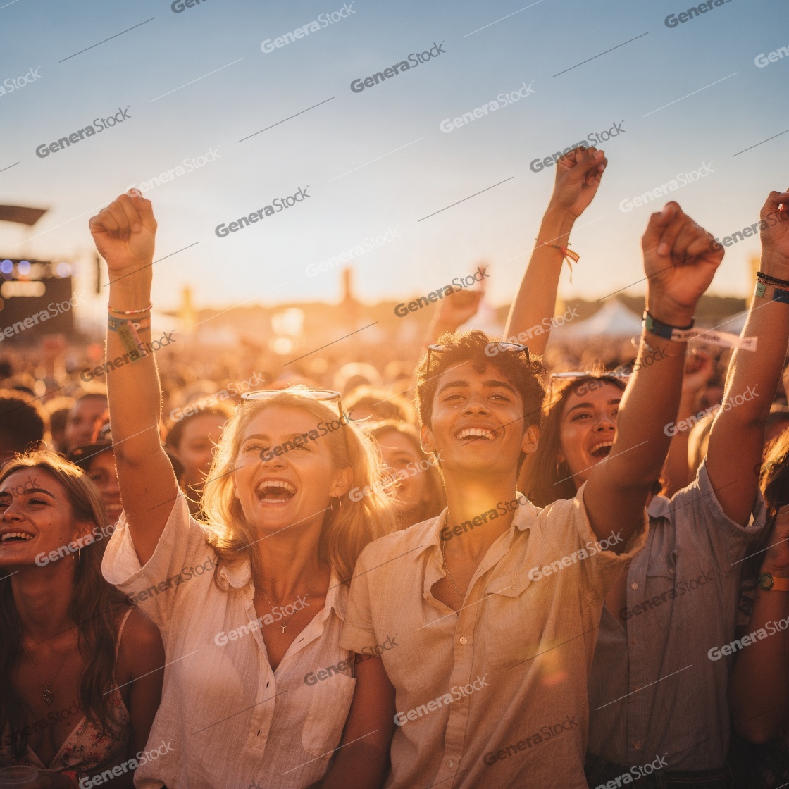 Happy young friends cheering at an outdoor music festival during