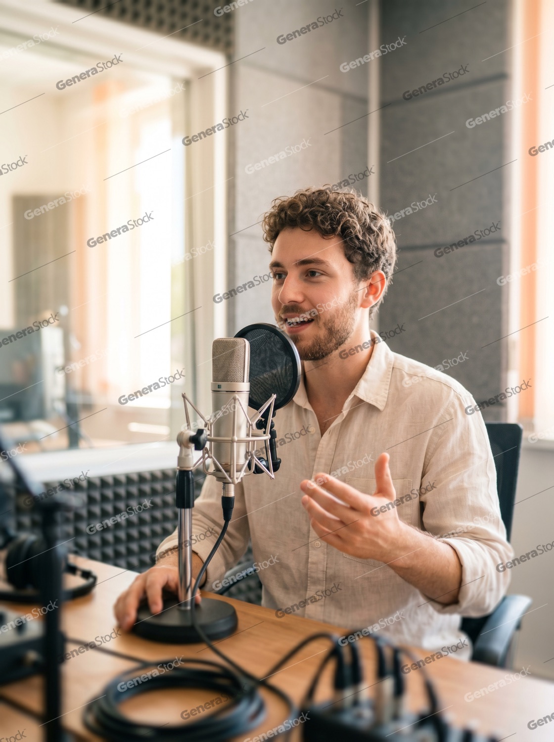 Young male podcaster speaking into a professional microphone during a recording session in a modern studio