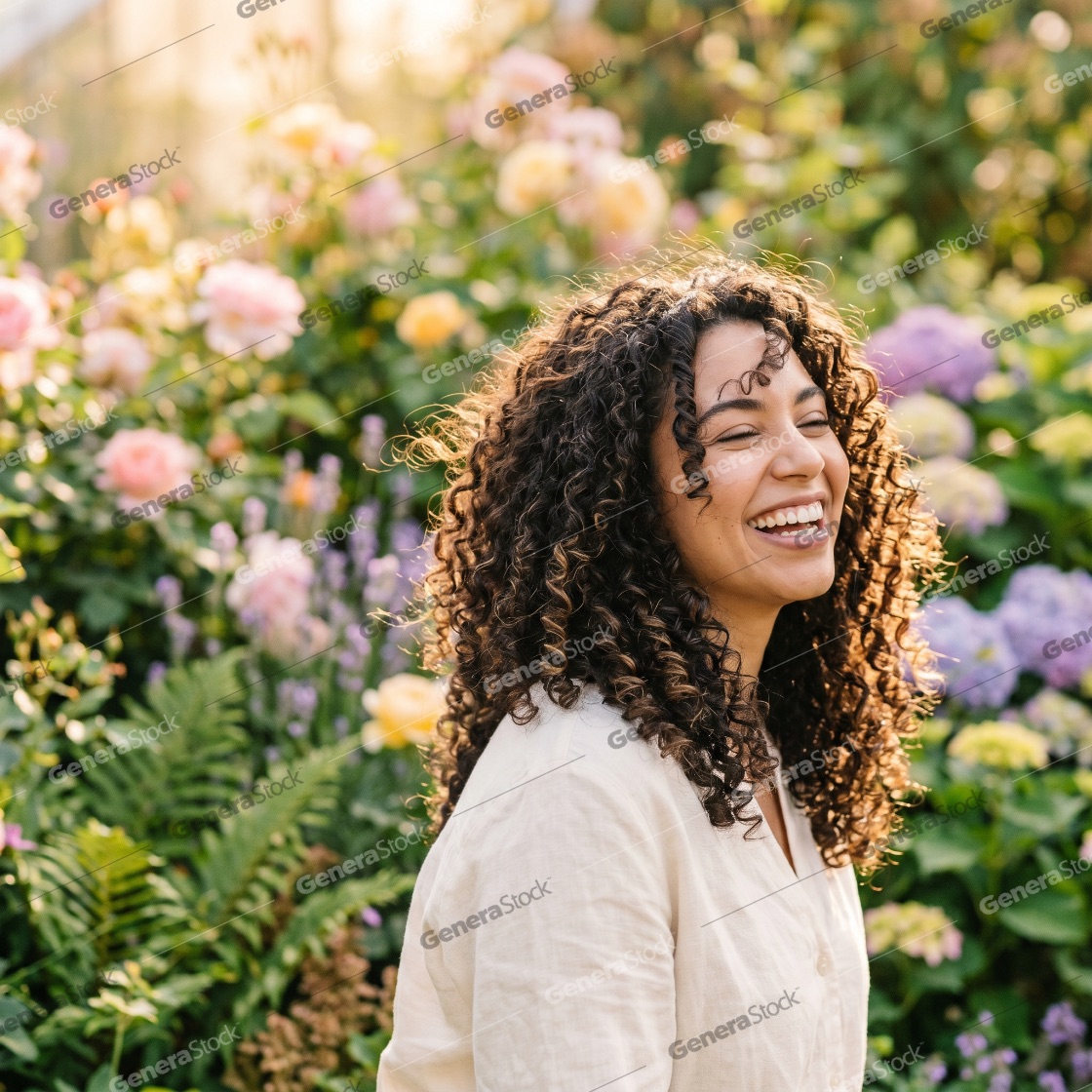 Joyful young woman with beautiful curly hair laughing with eyes closed in a blooming summer garden during golden hour
