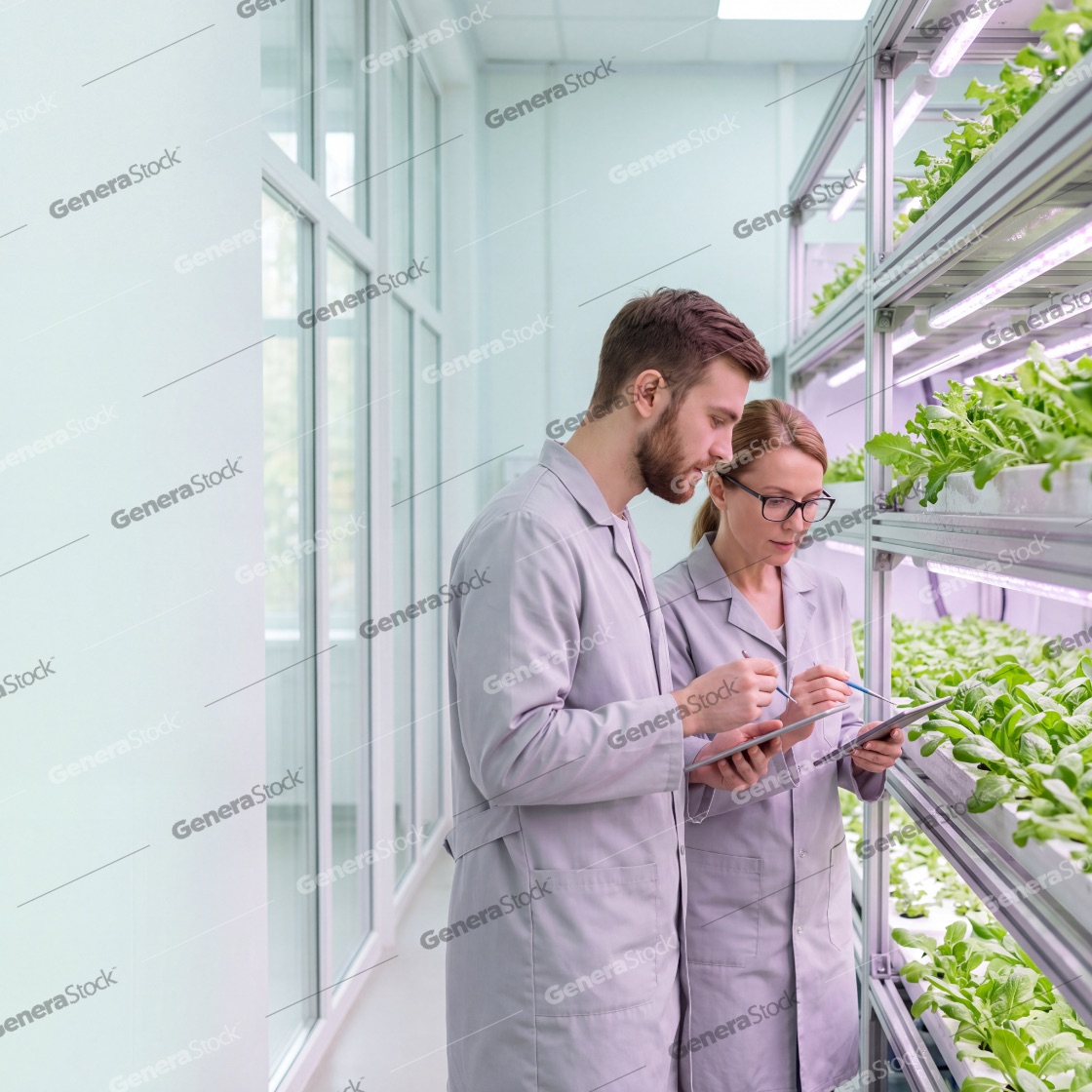 Two professional scientists in white lab coats examine green leafy vegetables in a modern vertical farm, using digital tablets for data collection and research in a high-tech indoor agricultural lab