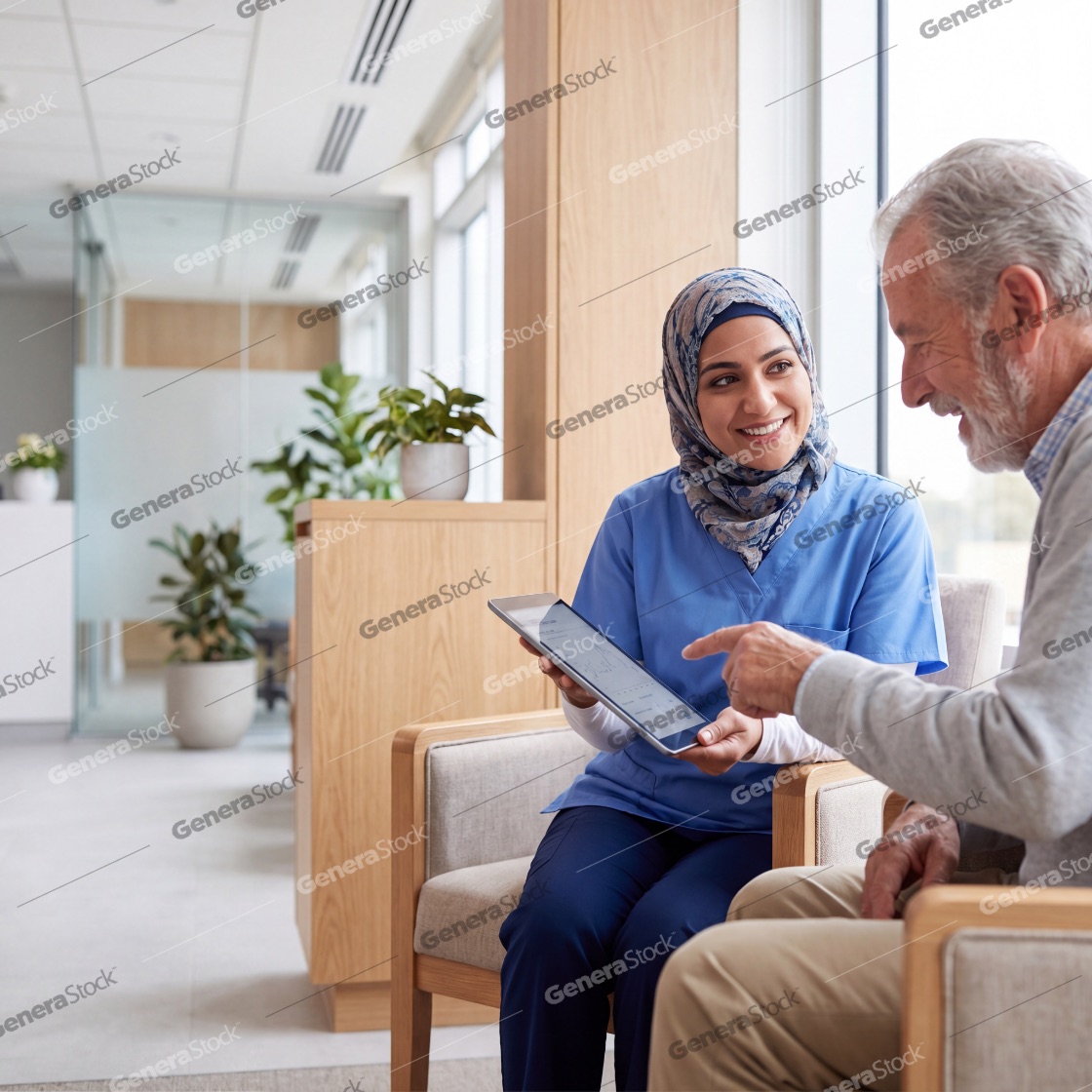 Professional female healthcare worker in a hijab discussing medical data on a tablet with an elderly man in a bright clinic, highlighting diverse medical staff and patient interaction