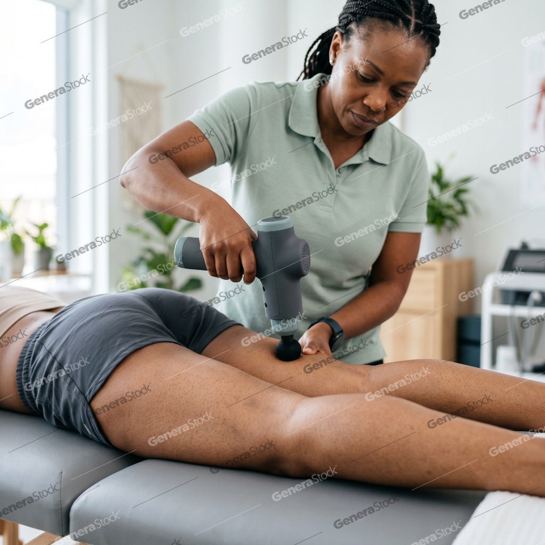 Professional female physiotherapist using a percussion massage gun on a patient's leg for muscle recovery and physical therapy in a bright wellness clinic