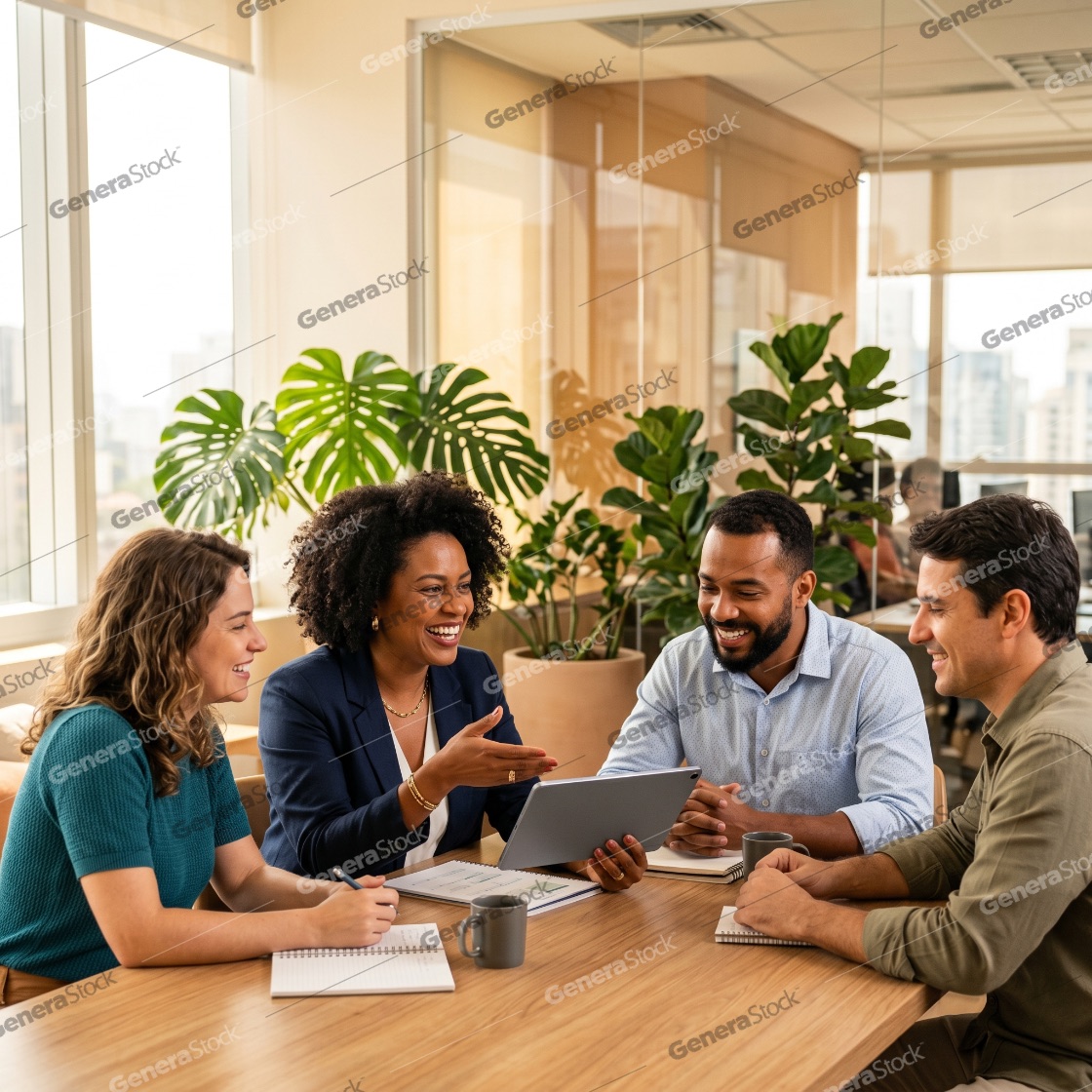 Diverse Group of Business Professionals Collaborating and Smiling During a Meeting in a Modern Office