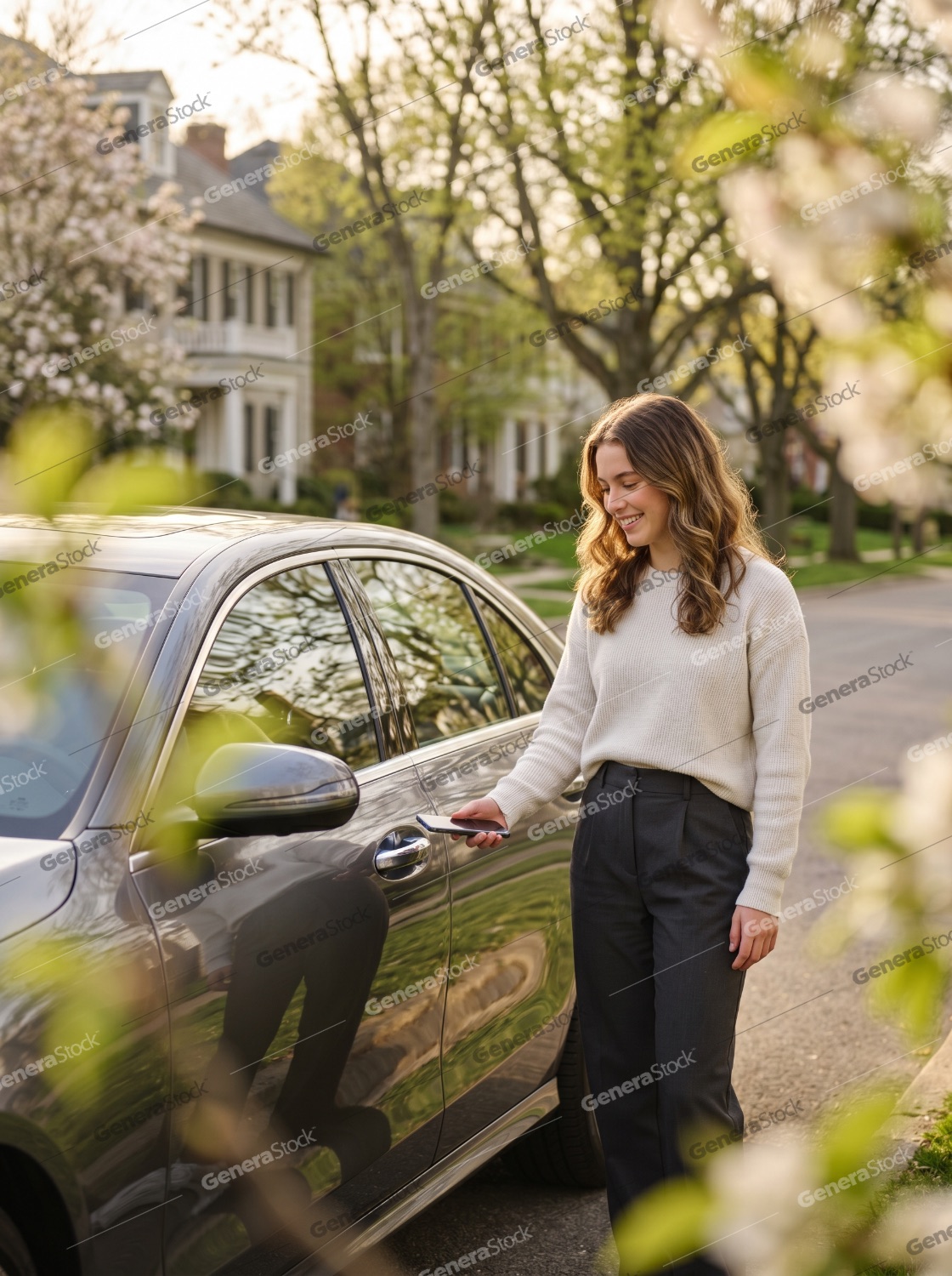 Young Woman Using Smartphone to Unlock Her Car on a Suburban Street in Spring