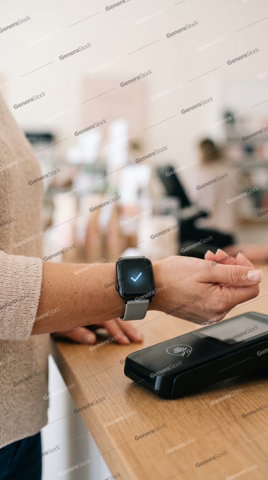 Woman making a successful contactless payment with a smartwatch at a retail store checkout