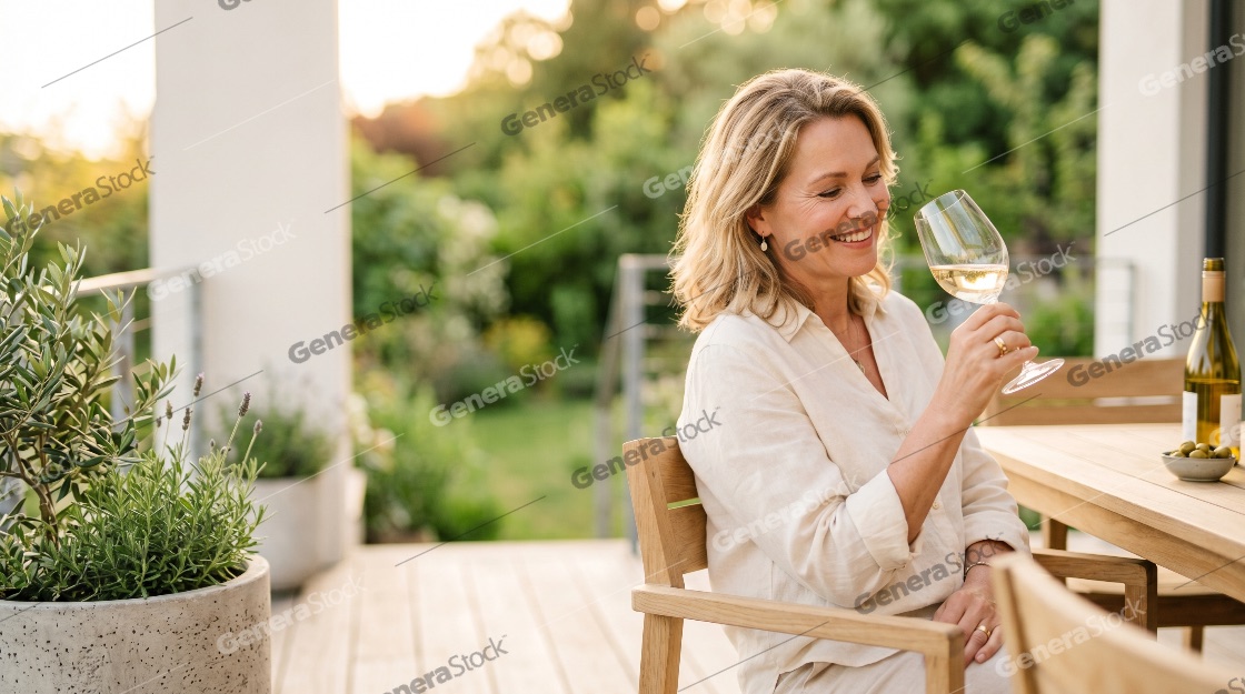 Elegant mature woman relaxing with a glass of white wine on a sunny garden terrace during golden hour