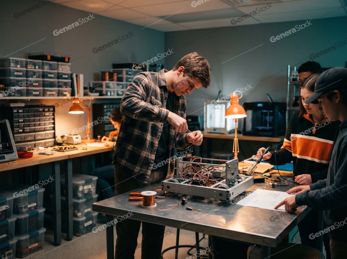 Group of young students working on a robotics project in a modern engineering workshop