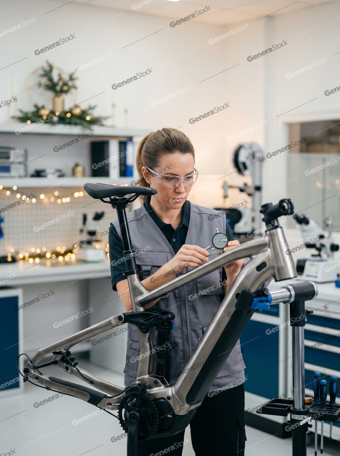 Female Engineer Measuring a Bicycle Frame with Precision Gauge in Modern Workshop