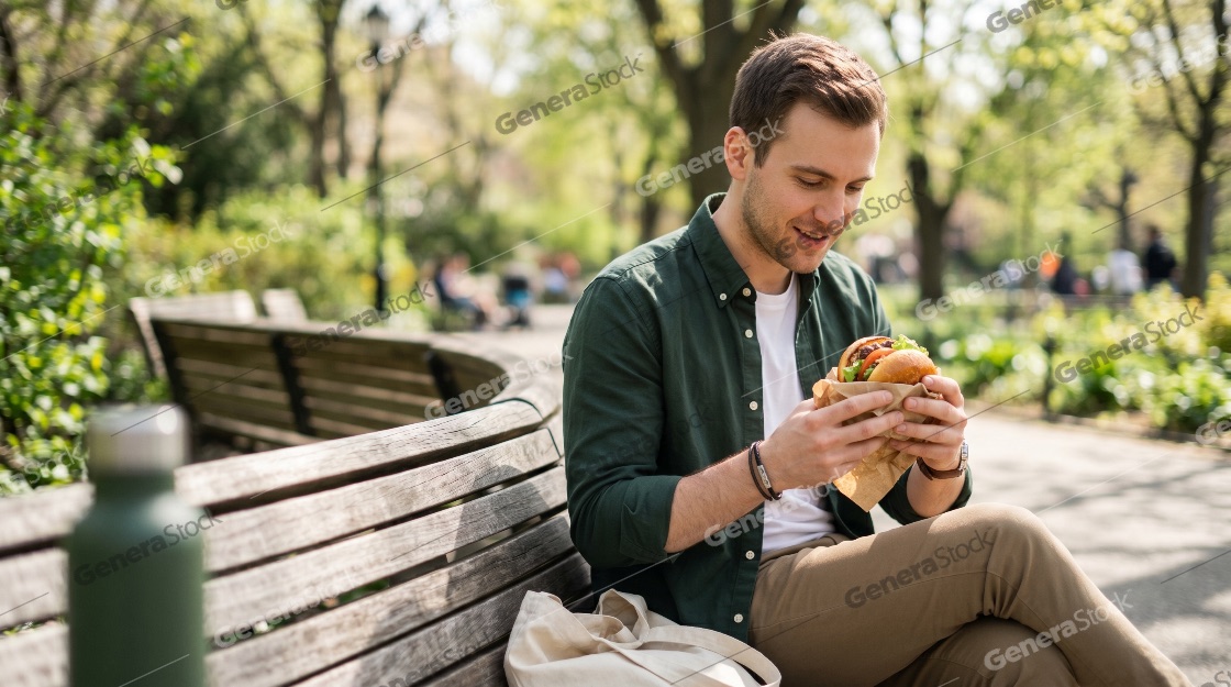 Young man enjoying a delicious burger while sitting on a park bench on a sunny day
