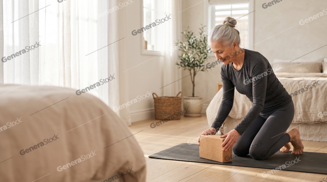 Active senior woman with grey hair kneeling on a yoga mat and placing a cork yoga block in a bright, modern bedroom for her morning exercise routine