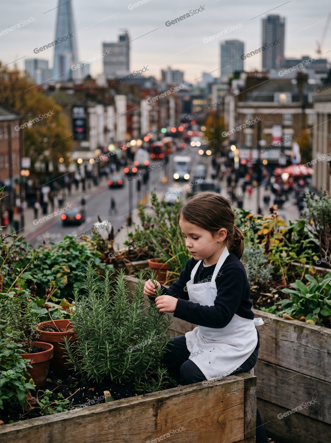 Little girl in a white apron tending to rosemary in an urban rooftop garden overlooking London city skyline