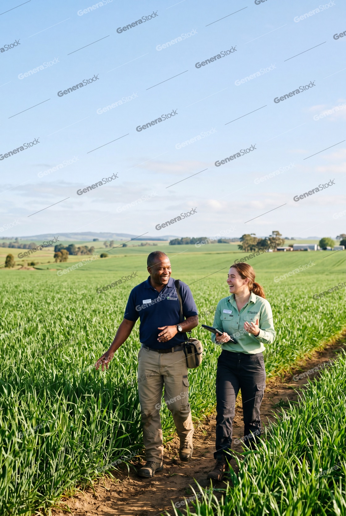 Diverse team of agricultural experts walking through a green field and discussing crop health with a digital tablet