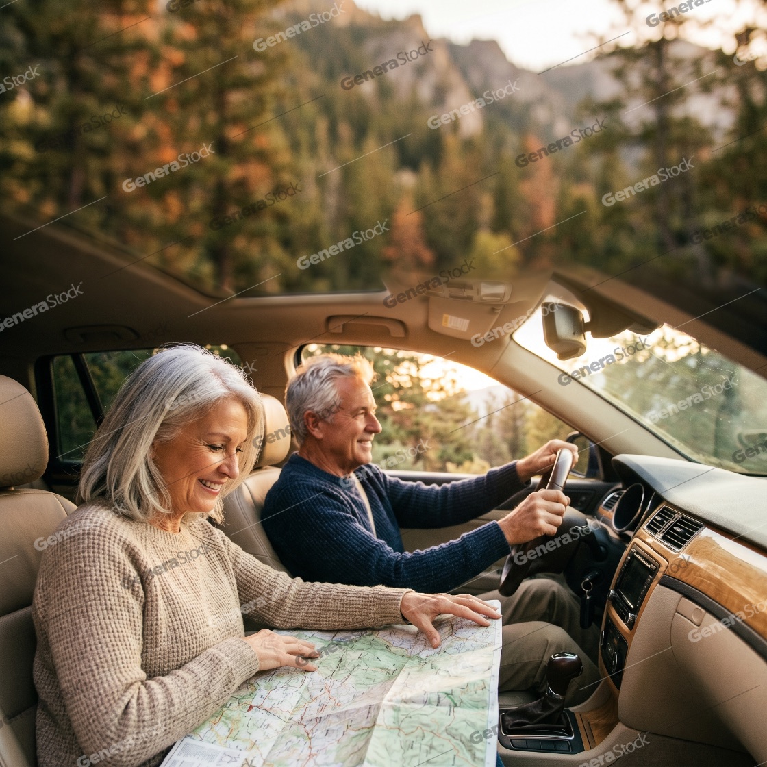 Happy senior couple on a road trip through the mountains, woman looking at a map while man drives