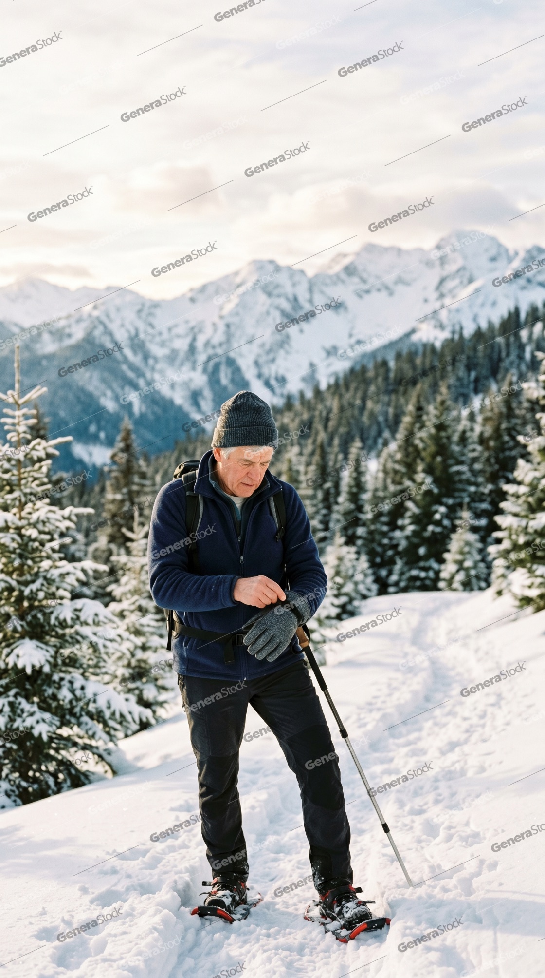 Active senior man snowshoeing on a snowy mountain trail with scenic winter landscape and pine trees in the background