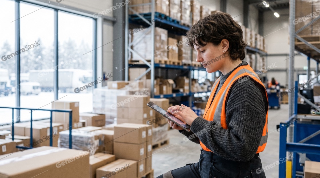 Female warehouse worker in a safety vest using a digital tablet for inventory management in a distribution center