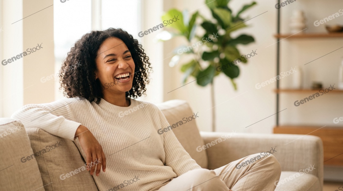Joyful young African American woman with curly hair laughing while relaxing on a comfortable sofa in a bright, modern living room