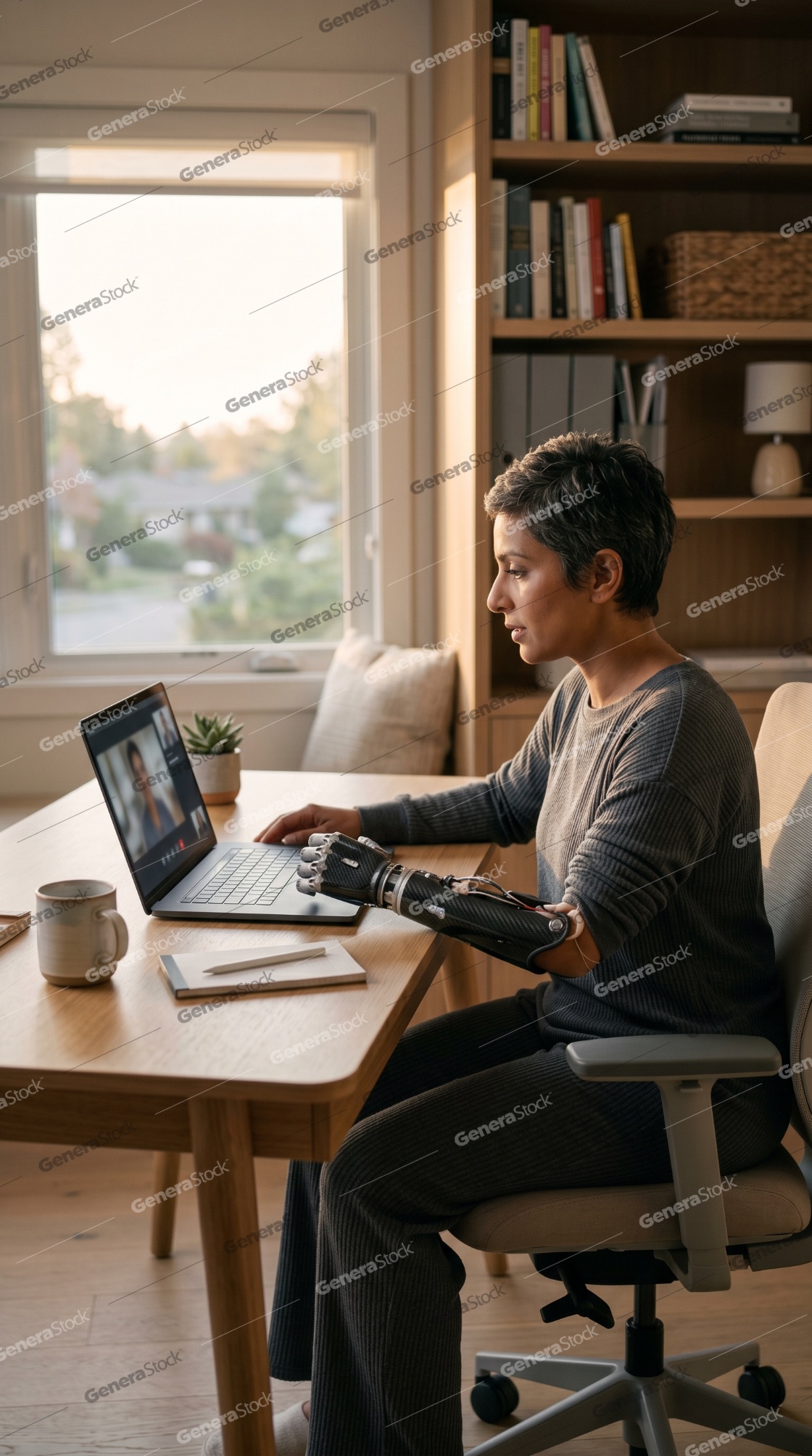 Professional woman with a bionic prosthetic arm participating in a video conference on her laptop in a home office setting