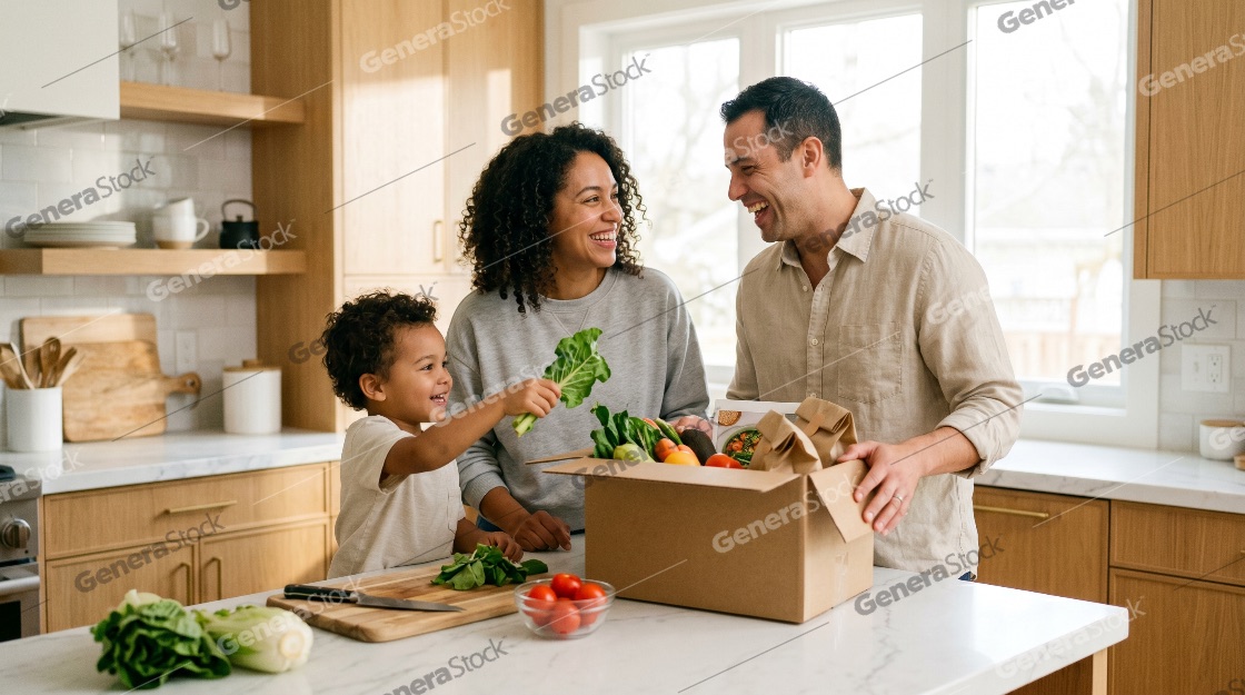 Happy Diverse Family Unpacking Fresh Organic Vegetables from a Meal Kit Delivery Box in a Modern Kitchen