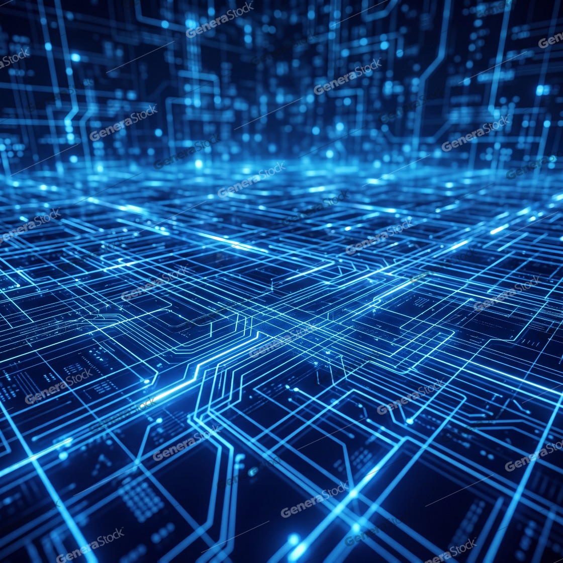 Abstract blue digital circuit board background with glowing lines and data points representing futuristic technology and network connectivity