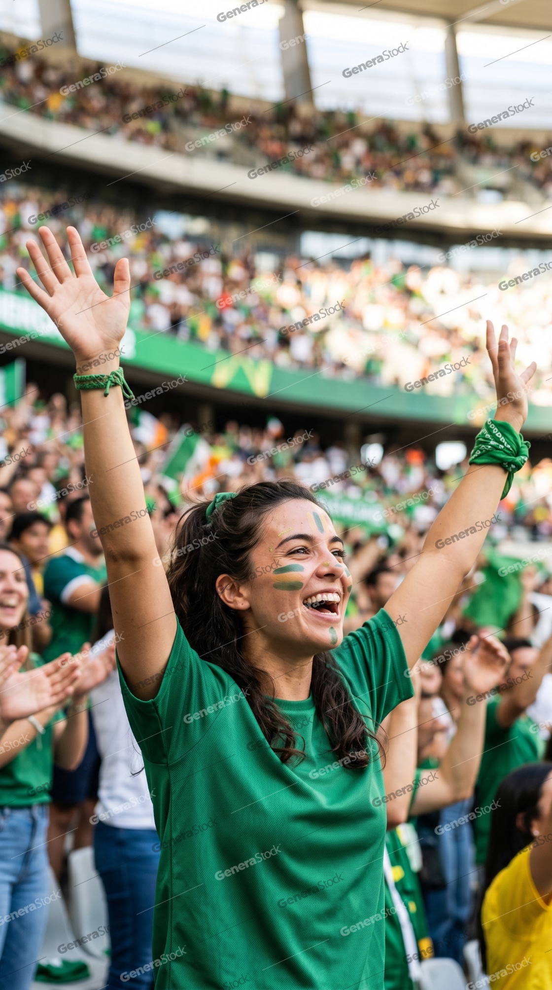 Excited Female Sports Fan Cheering with Raised Arms in a Crowded Stadium