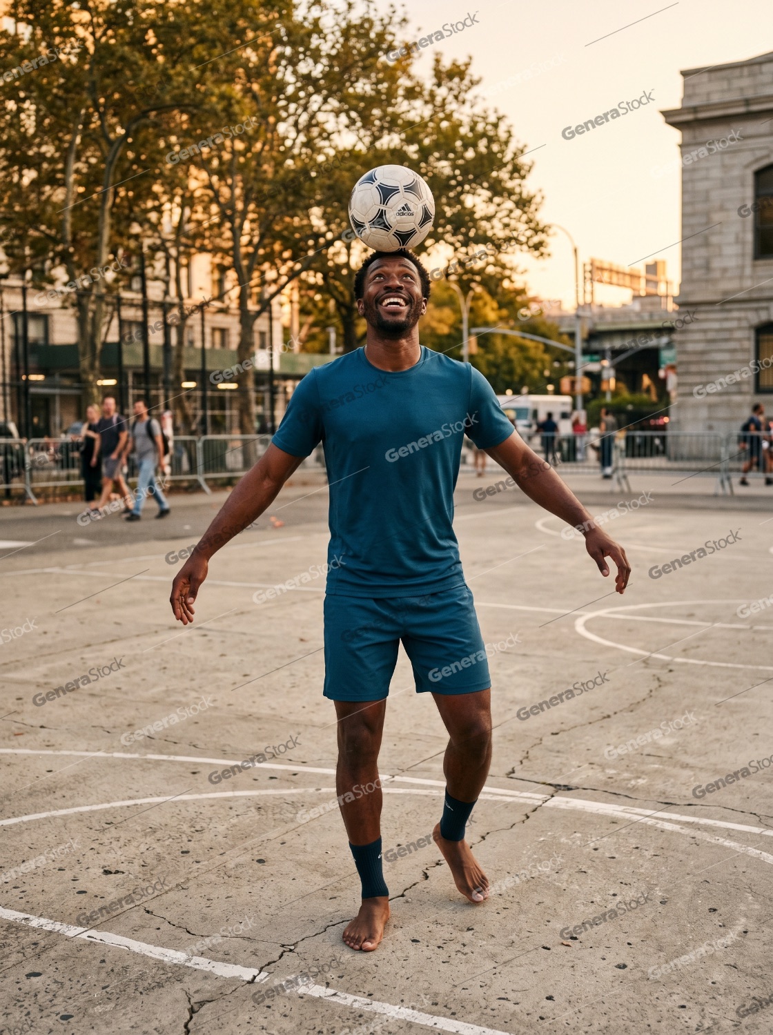 Cheerful Black Man Balancing a Soccer Ball on His Head at an Urban Outdoor Court During Sunset