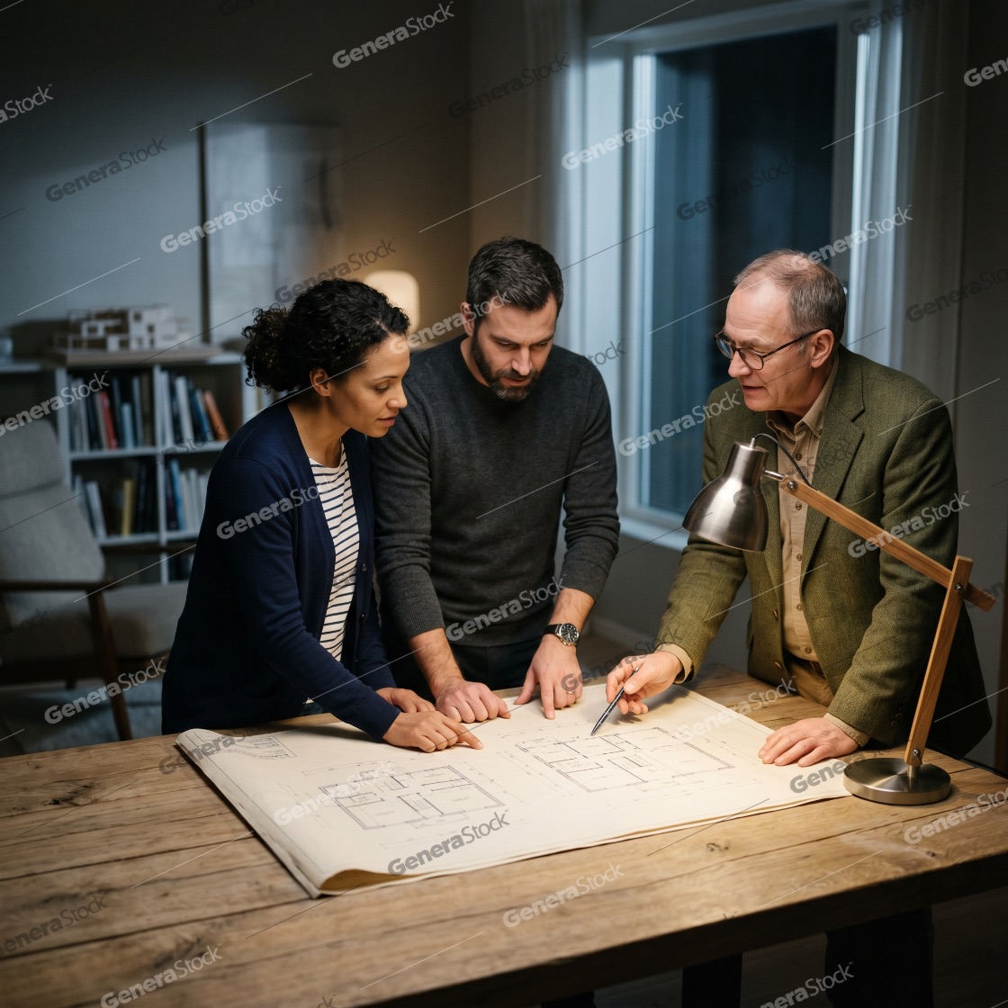 Professional team of architects and designers collaborating on floor plans and blueprints during a late-night meeting in a modern office