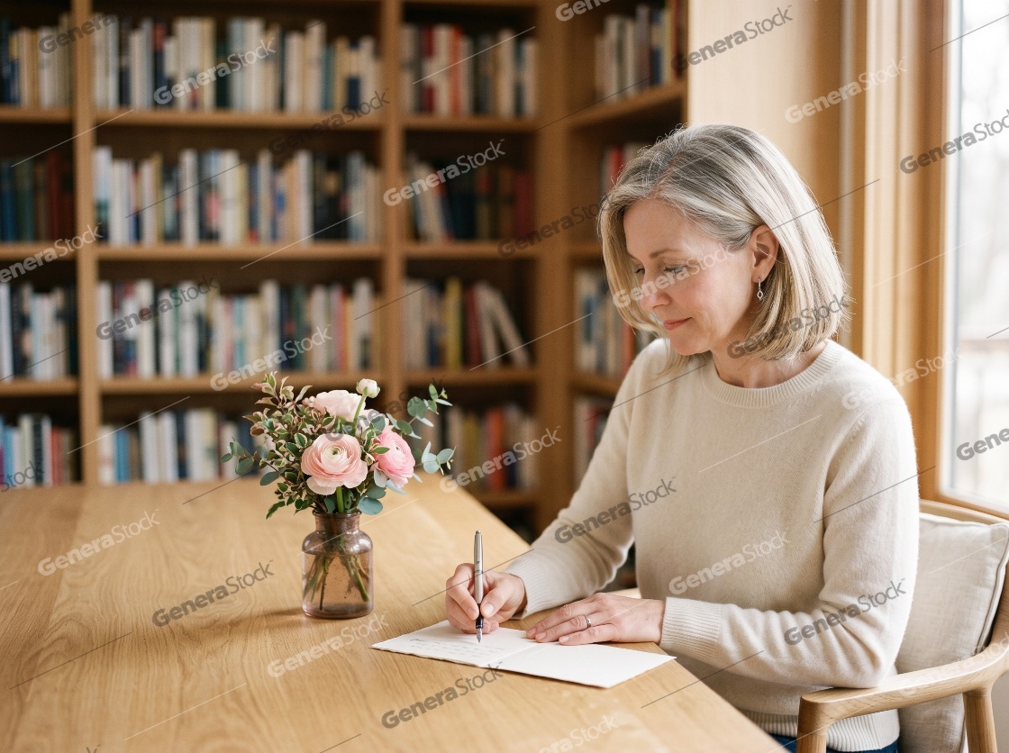 Mature woman writing a handwritten note or card at a wooden table in a home library with bookshelves and flowers