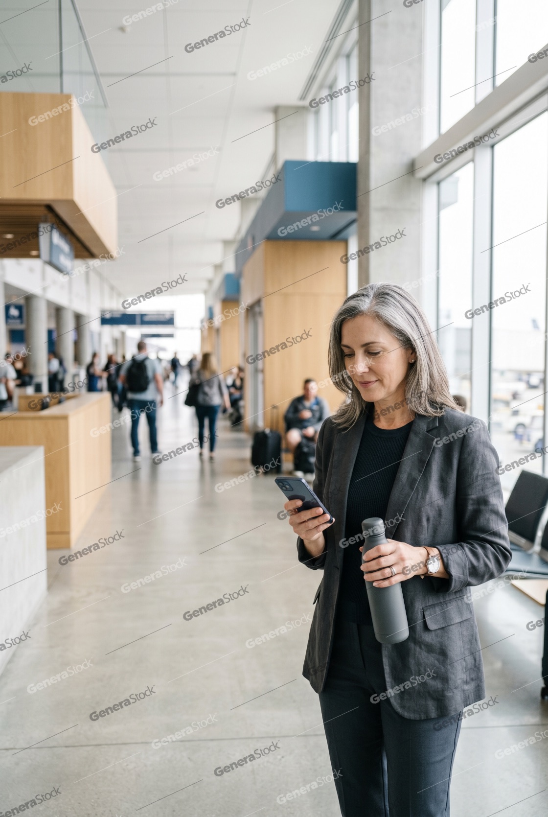Mature Businesswoman Using Smartphone and Holding Reusable Water Bottle in Airport Terminal