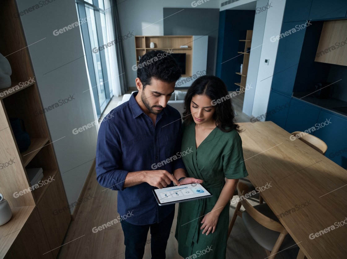 Young couple using a digital tablet to control smart home systems in their modern apartment