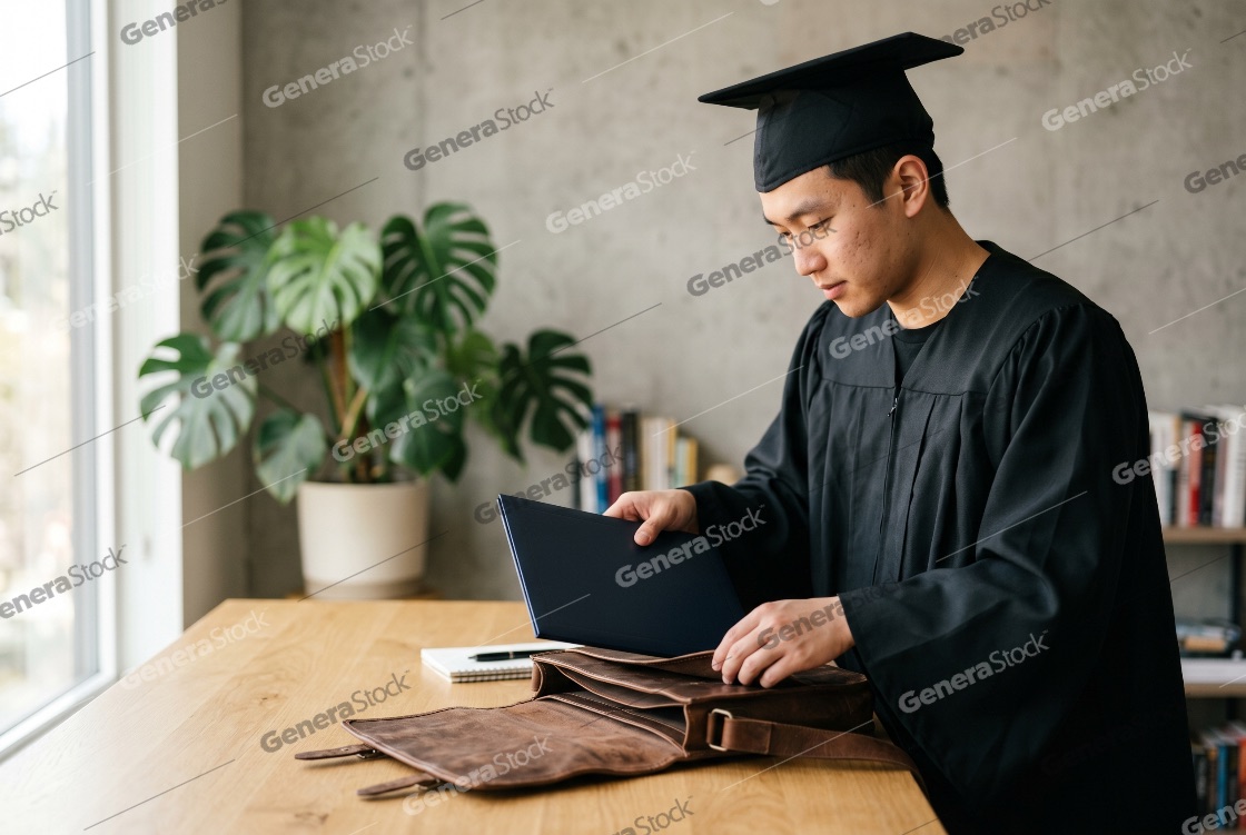 Young Asian male graduate in black academic gown and mortarboard putting his diploma folder into a leather briefcase, symbolizing the transition to professional career