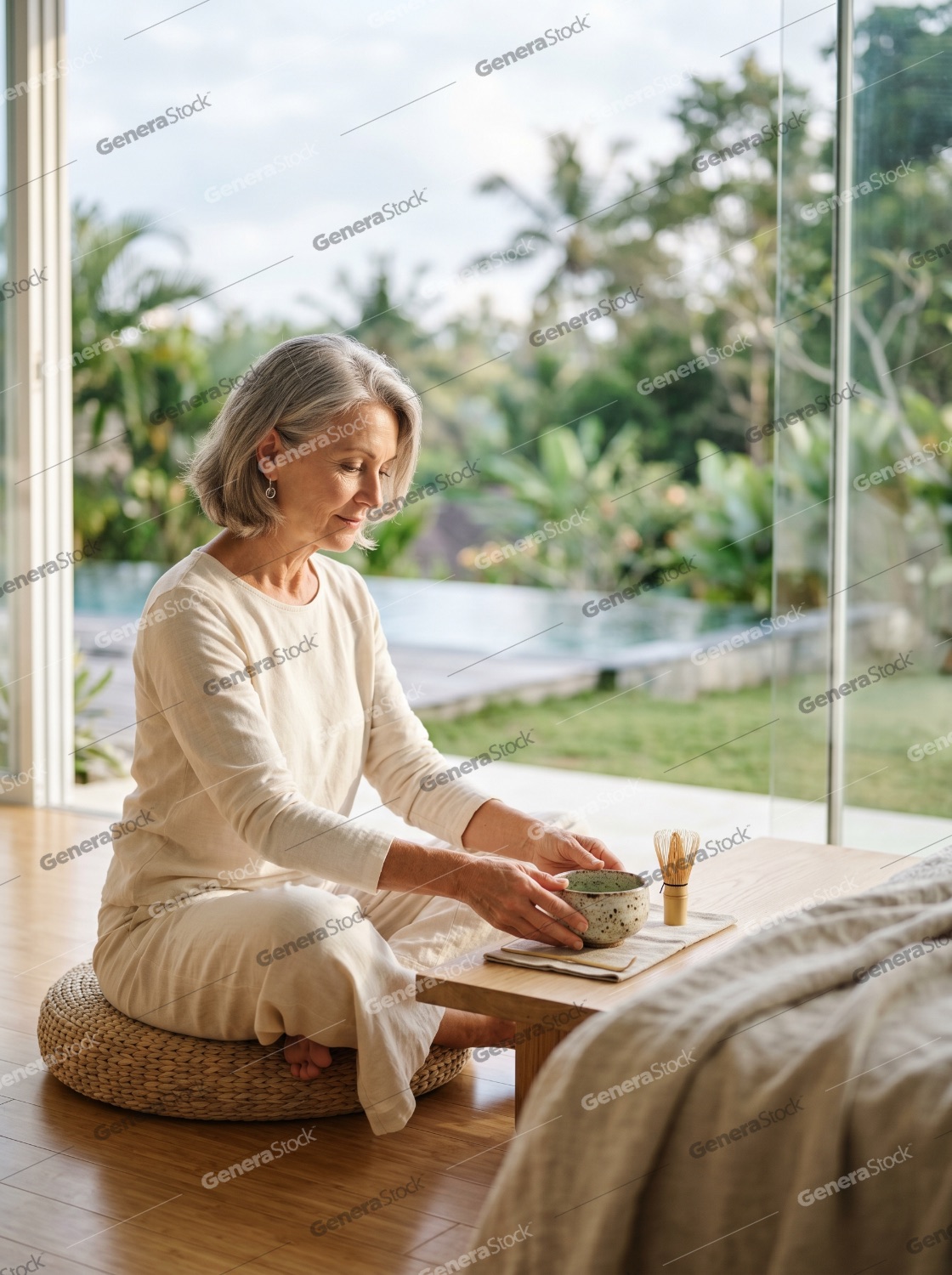 Serene mature woman practicing mindfulness with a traditional matcha tea ceremony in a bright tropical villa