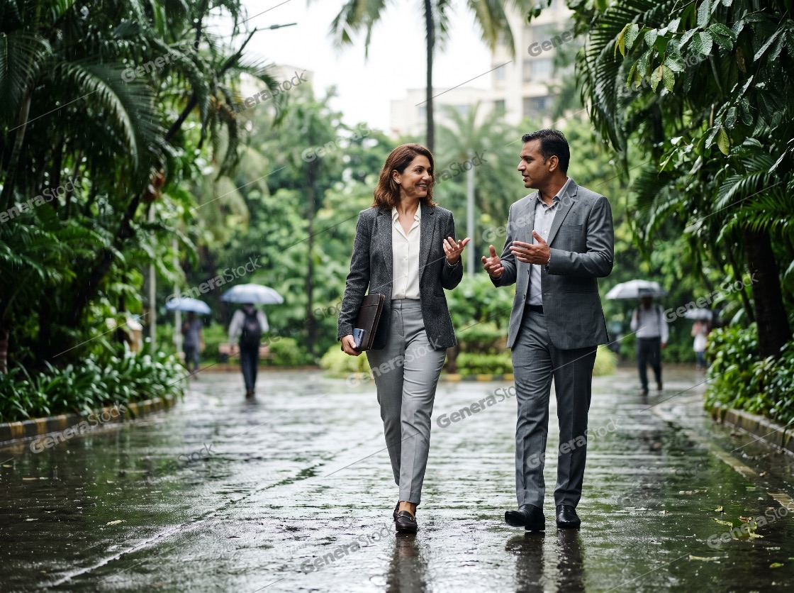 Two Professional Business Colleagues Walking and Talking in a Lush Park on a Rainy Day