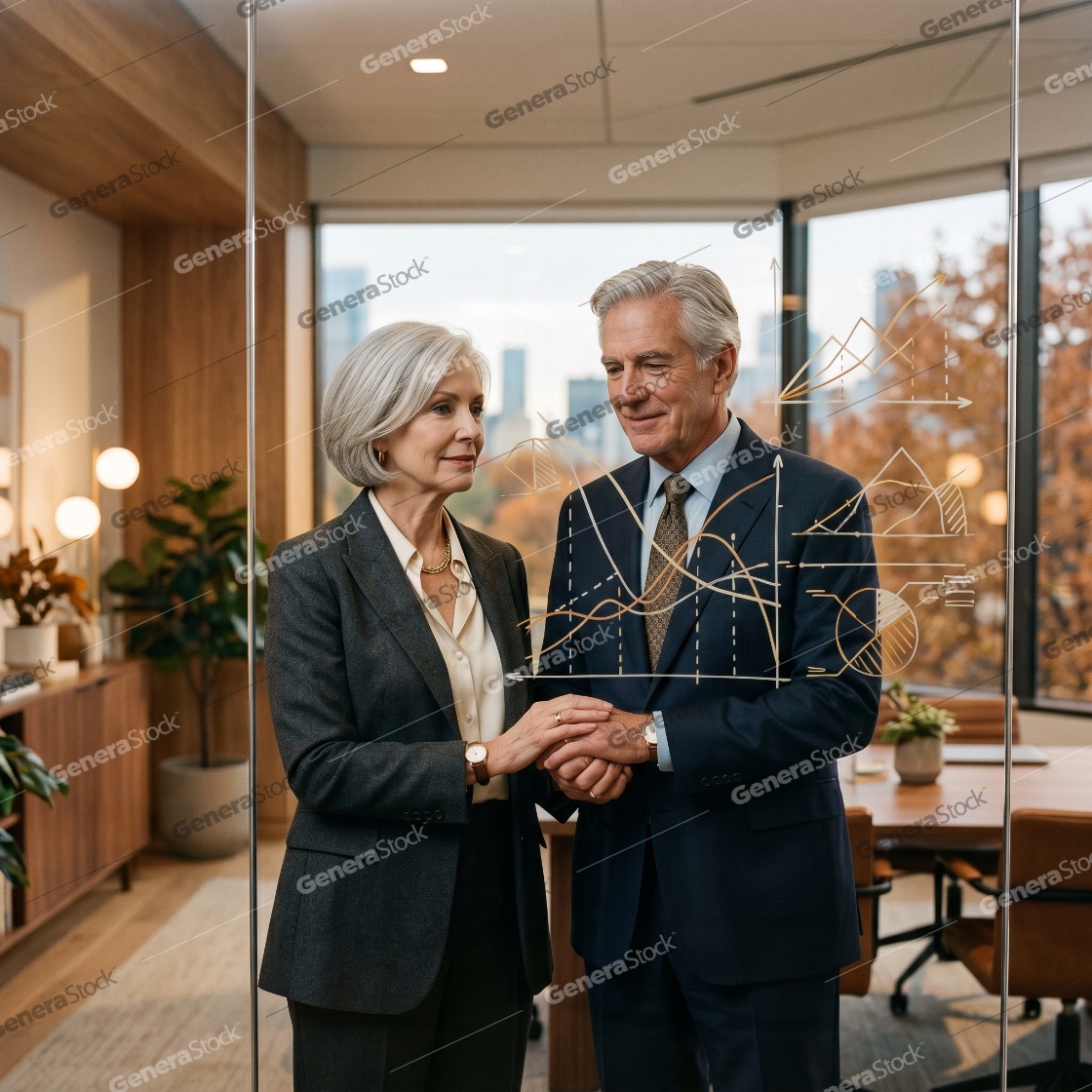 Senior Business Executives Analyzing Financial Growth Charts on Glass Wall in Modern Office