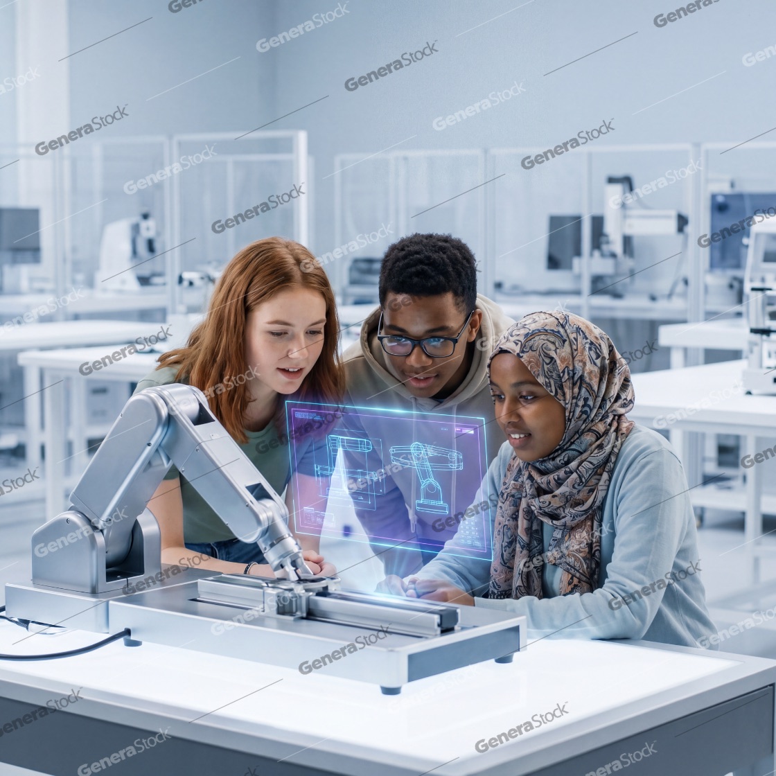 Diverse young students collaborate on a robotics project using a robotic arm and a futuristic holographic interface in a modern laboratory, representing innovation and STEM education for the future