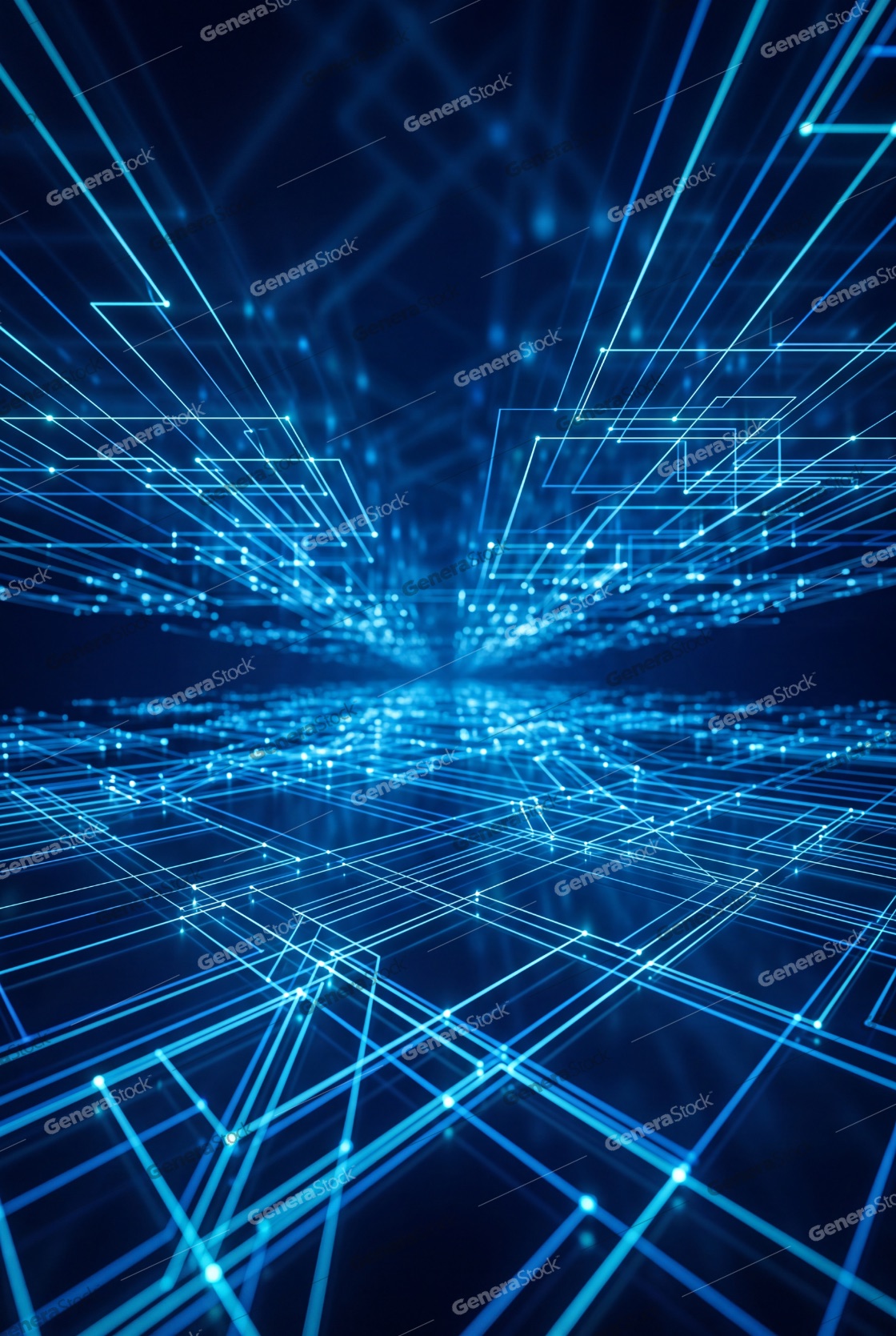 Abstract Blue Digital Network Background with Glowing Lines and Nodes Representing Data Flow